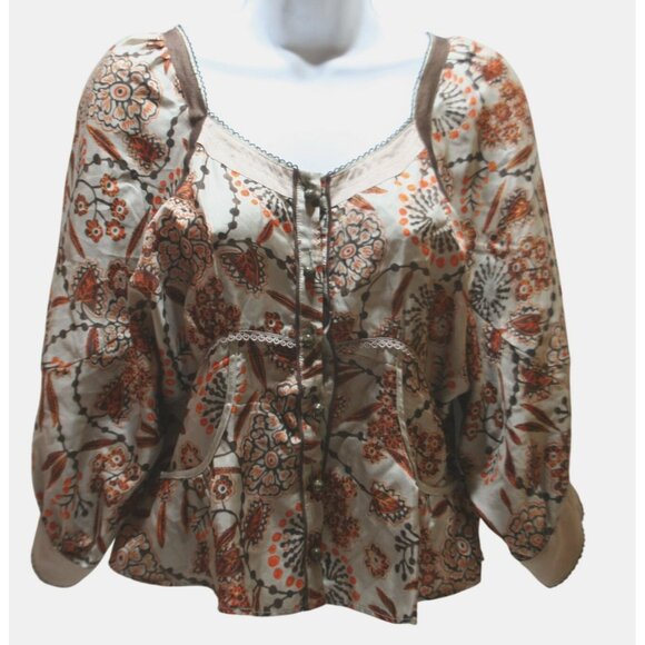 Hanii Y 100% Silk Boho Peasant Top Floral Print Womens S Brown Floral Retro - Picture 1 of 9